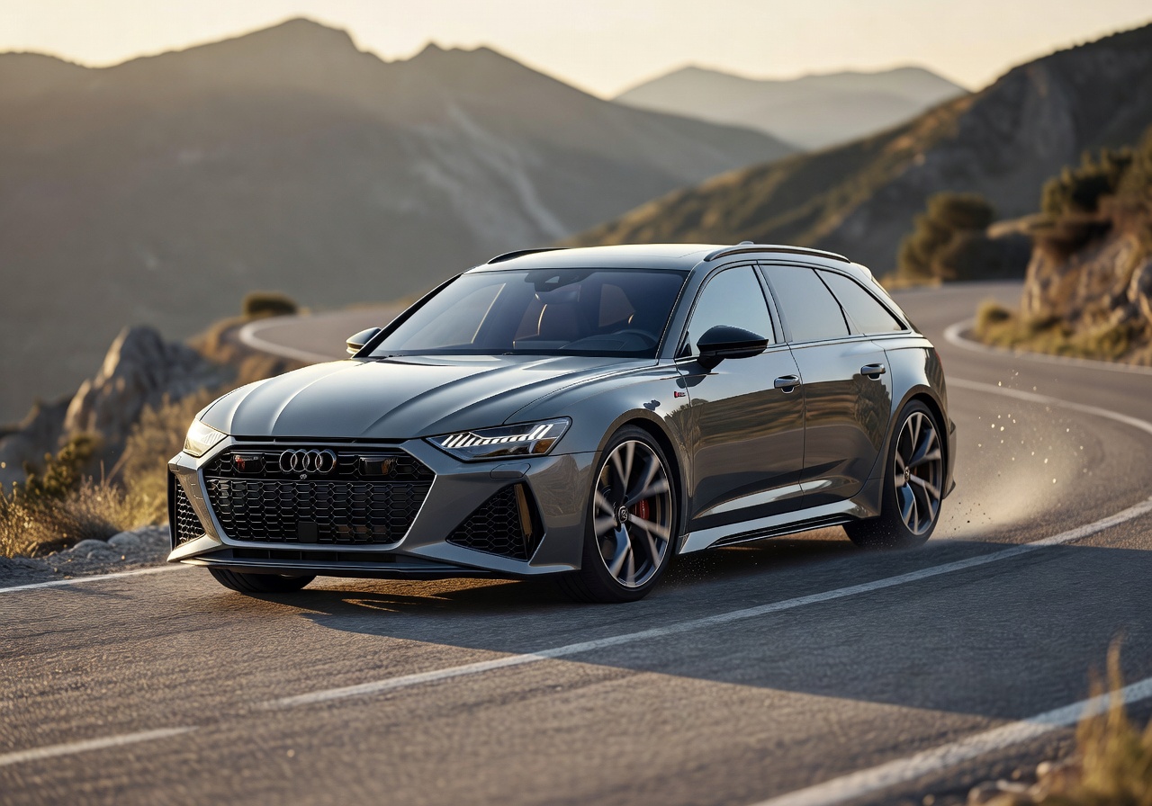 Audi RS6 Avant in Nardo Grey showing its muscular wide-body estate design