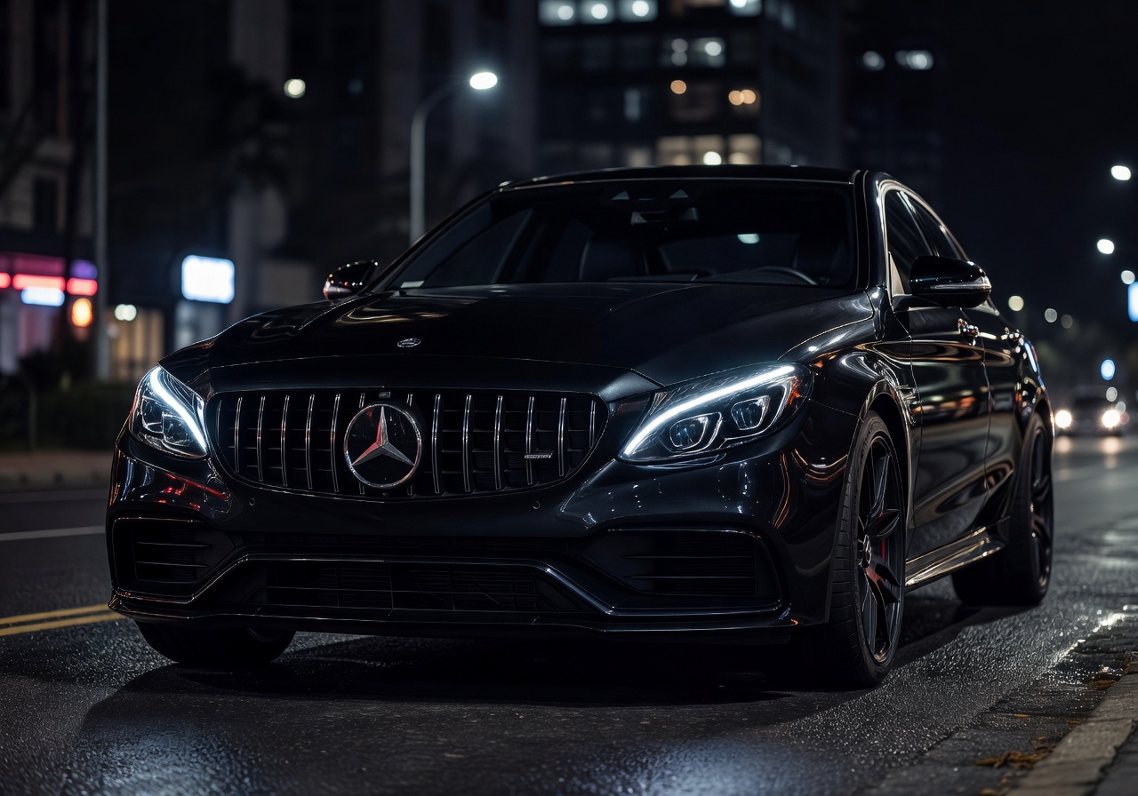 Mercedes-AMG C63 S in obsidian black showing powerful AMG Panamericana grille