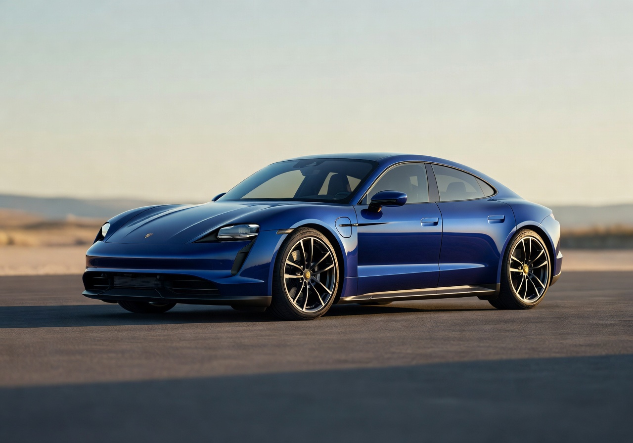 Porsche Taycan 4S in frozen blue metallic showing sleek electric sports design