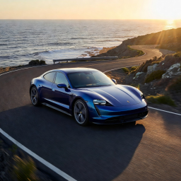 Porsche Taycan 4S thumbnail showing blue electric sports sedan