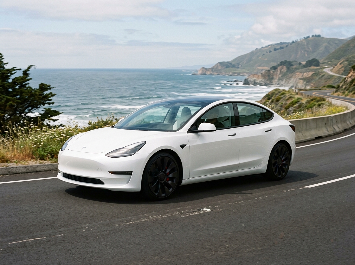 Tesla Model 3 Performance white electric sedan with minimalist aerodynamic design